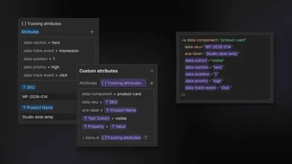 Exemple de code HTML avec des attributs `data-` pour le suivi, comme `data-sku` et `data-track-event`, pour un produit.