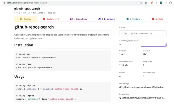 Page npmjs.com pour le package `github-repos-search`. Installation via `npm install github-repos-search`.