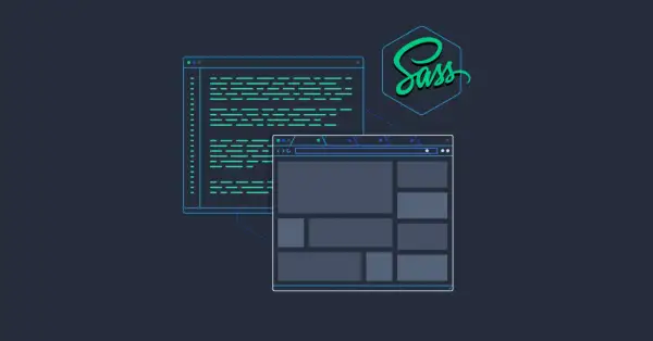 Code et maquette de site web, avec le logo Sass. Développement web avec Angular et Sass.
