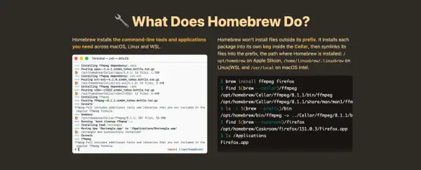 Exemple de l'utilisation de `brew install` sur Mac pour installer ffmpeg et firefox, montrant le processus et les fichiers installés.