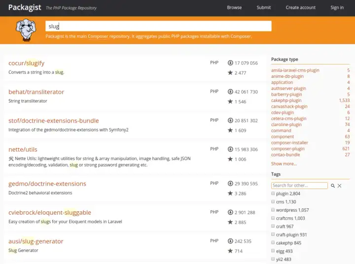Page Packagist affichant des paquets PHP. Recherche de "slug" pour installer Composer sur Ubuntu.